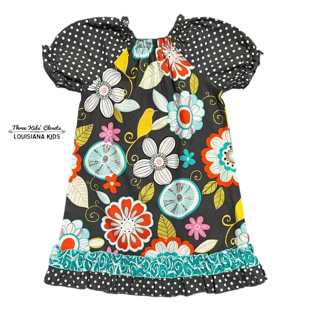 Lolly Wolly Doodle 4T Mixed Print Floral Bird Polkadot Dress